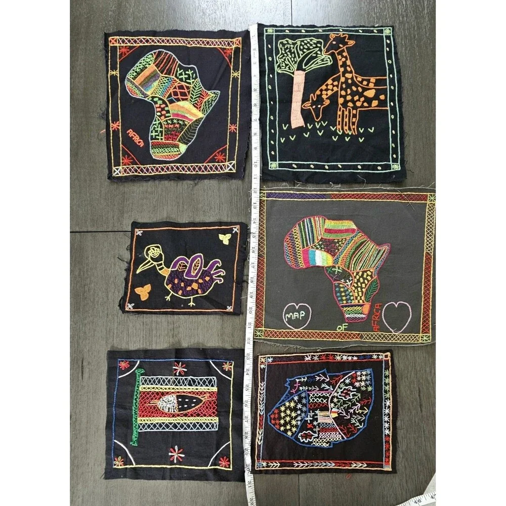 African Hand Embroidered Fabric Art Cotton Multi Colored Giraffe Bird Lot Of 6